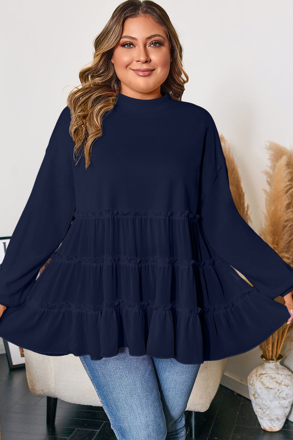 Pink Tiered Ruffle Ribbed Crew Neck Pullover Plus Size Top