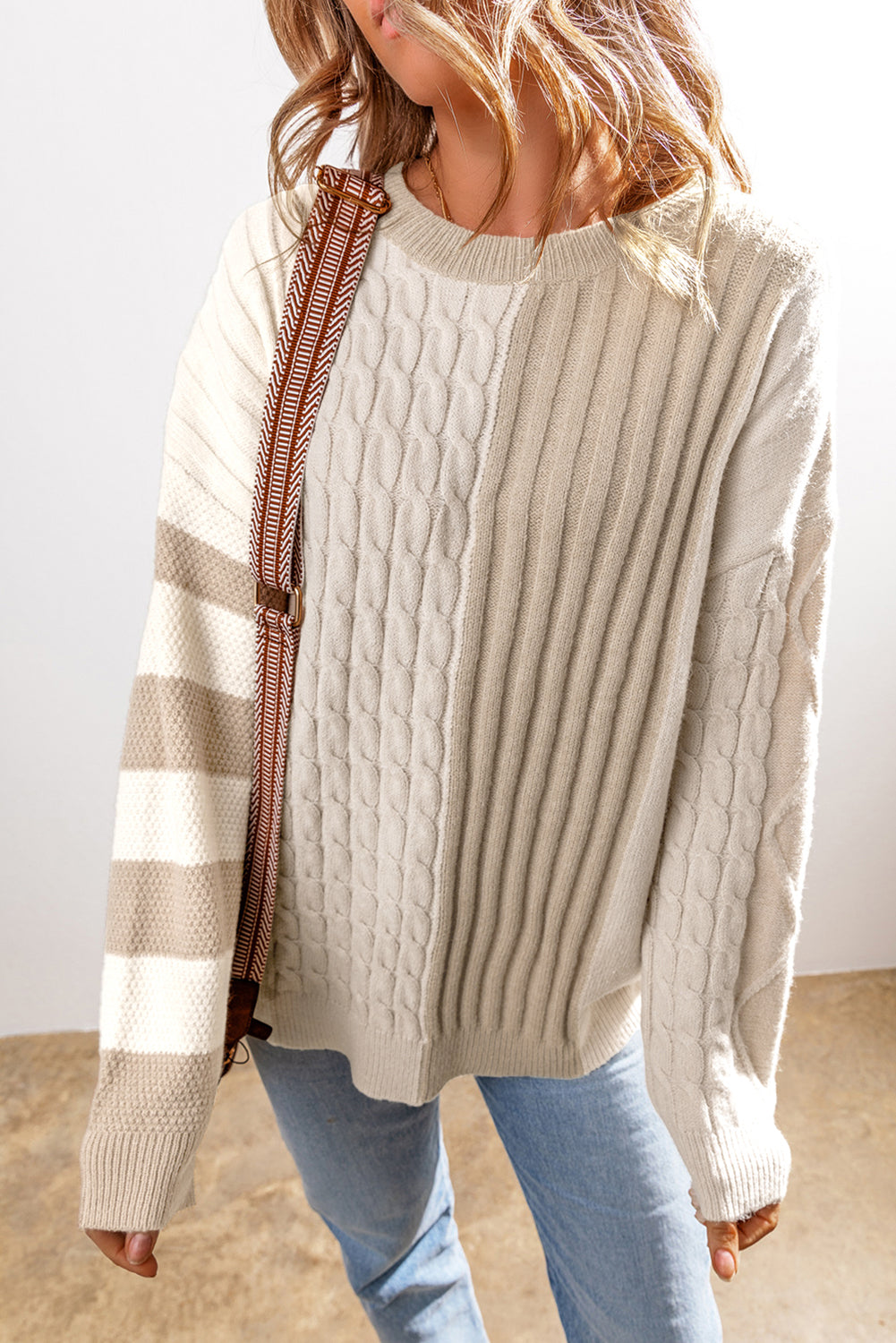 Dear-Lover khaki cable knit colorblock crew neck sweater with drop shoulder design, showcasing its stylish knit pattern and relaxed fit.