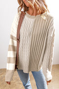 Dear-Lover khaki cable knit colorblock crew neck sweater with drop shoulder design, showcasing its stylish knit pattern and relaxed fit.