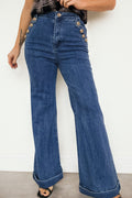 Dear-Lover Ashleigh blue jeans with golden button detail, rolled edge flare legs, stylish denim bottoms for a trendy look.