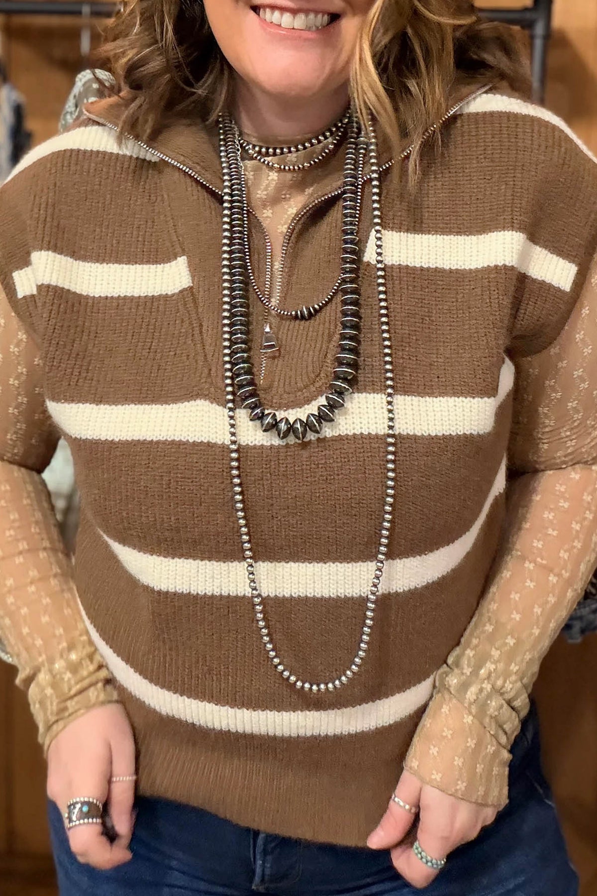 Plus size Dear-Lover brown stripe colorblock V-neck tunic sweater with drop shoulder design, featuring bold stripe pattern and relaxed fit.