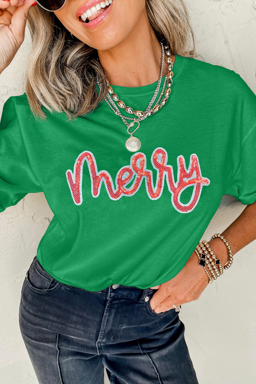 Bright Green merry Sequin Graphic Tee