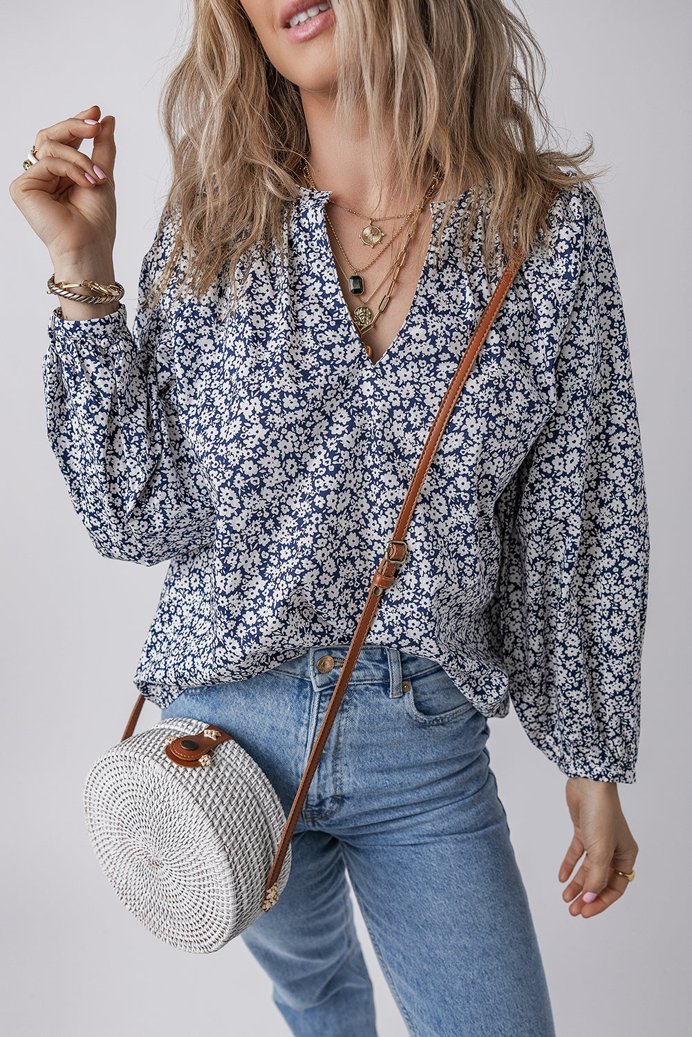Blue Floral Puff-Sleeve Blouse