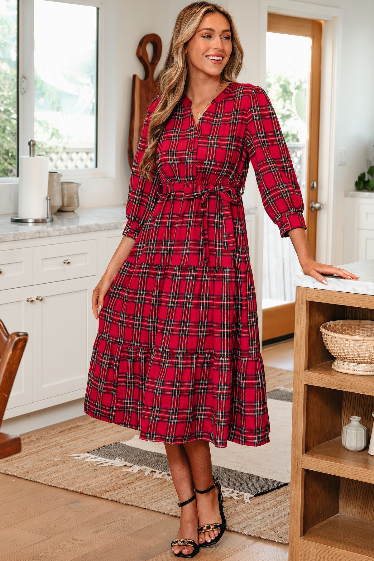 Red Christmas Plaid Tie-Waist Long Dress