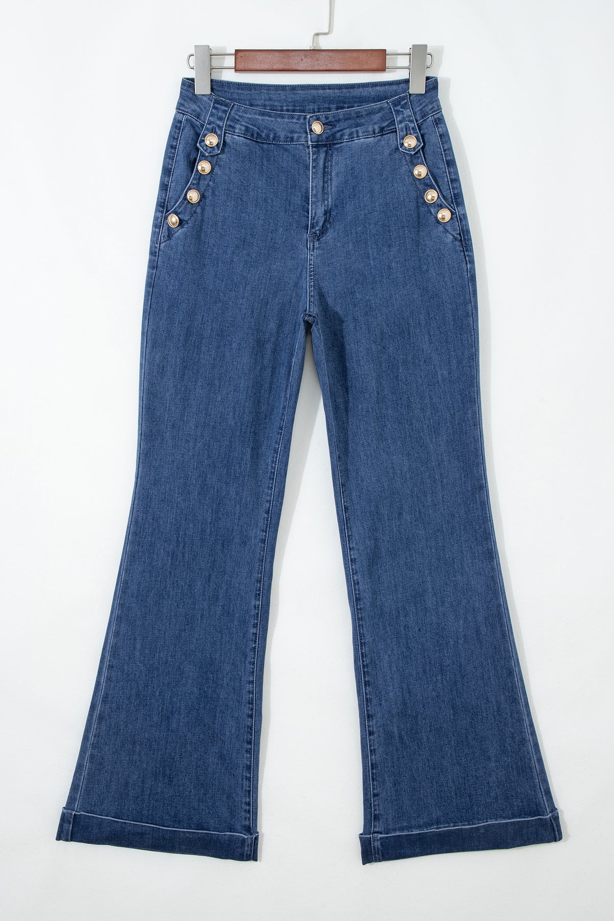 Dear-Lover Ashleigh blue flare jeans with golden button details and rolled edge design, featuring a stylish flare leg cut.