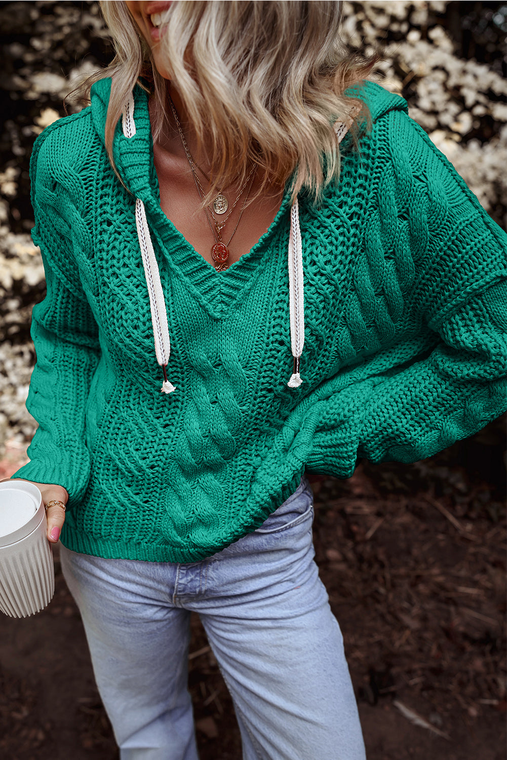 Sea Green Cable-Knit Hooded Sweater