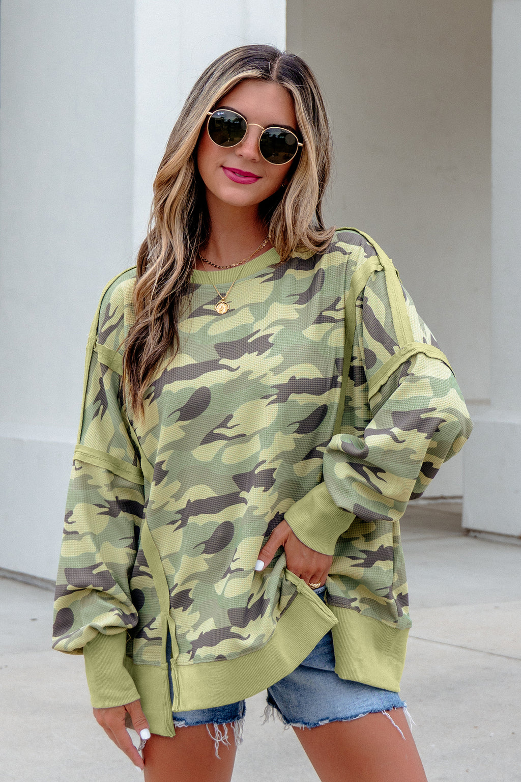 Green Camouflage Waffle Knit Raw Edge Contrast Trim Oversized Long-Sleeve Top