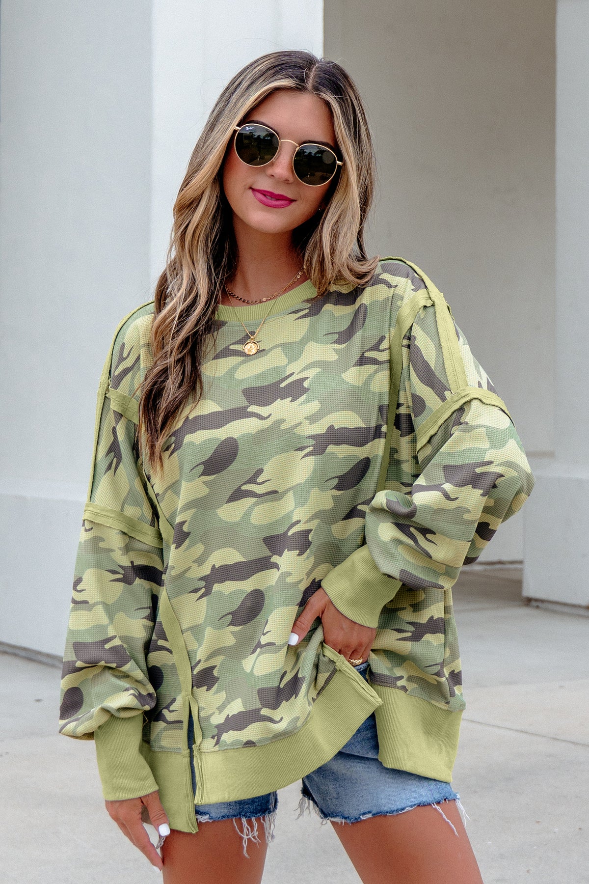 Green Camouflage Waffle Knit Raw Edge Contrast Trim Oversized Long-Sleeve Top