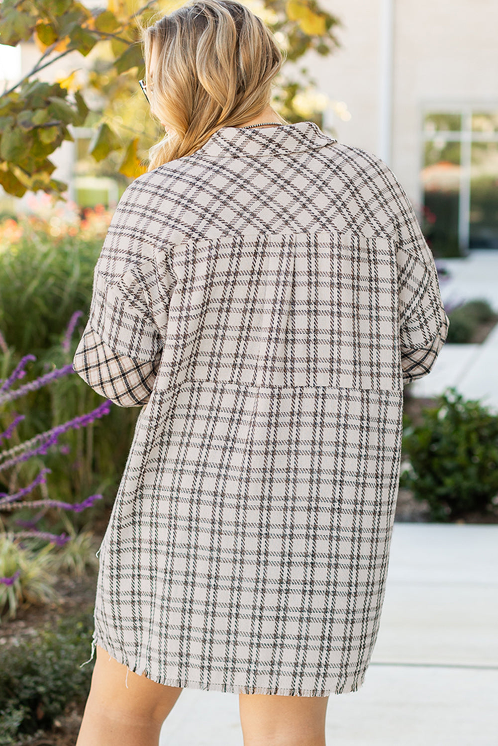 White stripe plus size plaid buttoned tunic dress with raw hem, by Dear-Lover, featuring a stylish, casual shirt dress design.