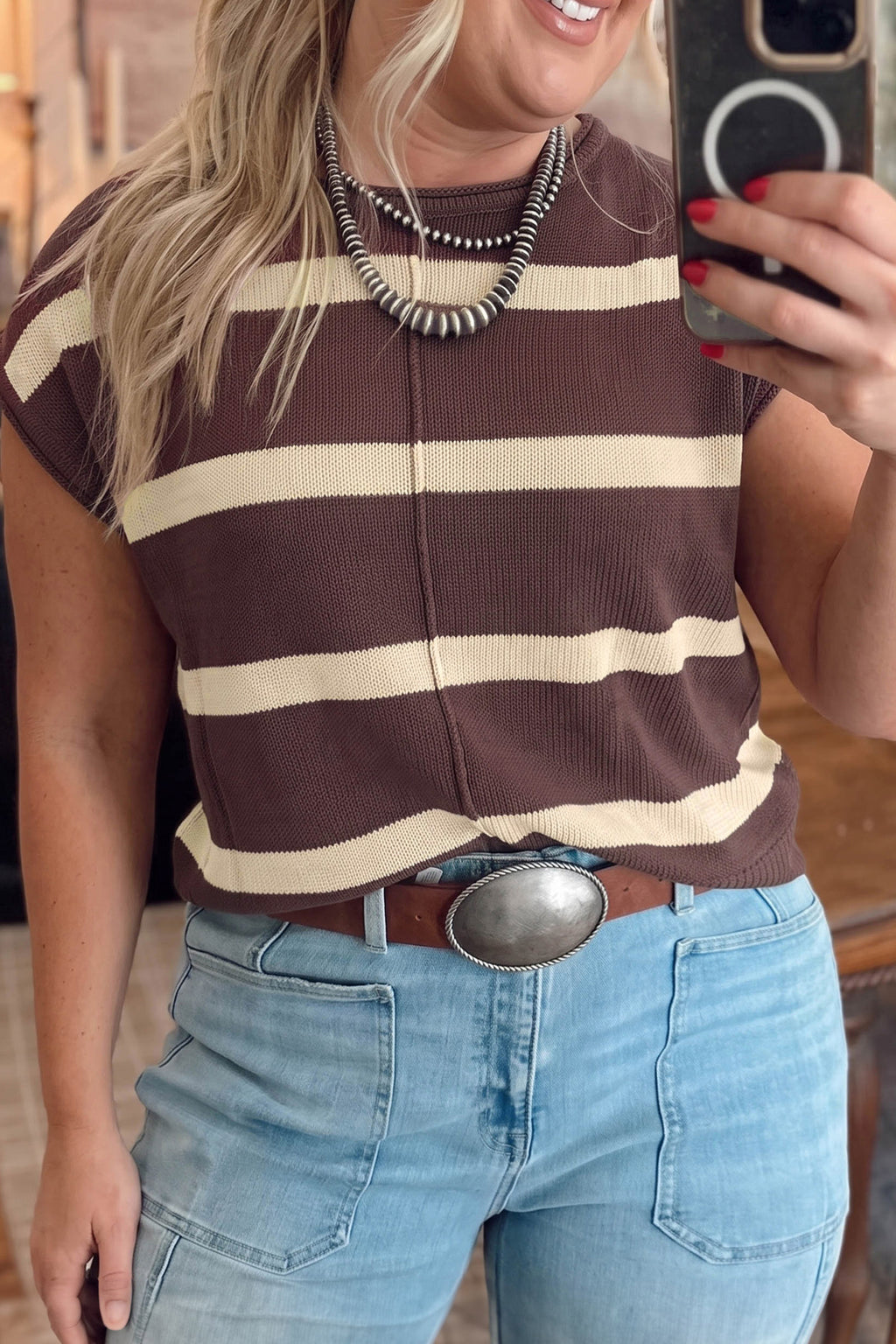 Plus size brown and colorblock knit sleeveless casual sweater with stripe design by Dear-Lover.