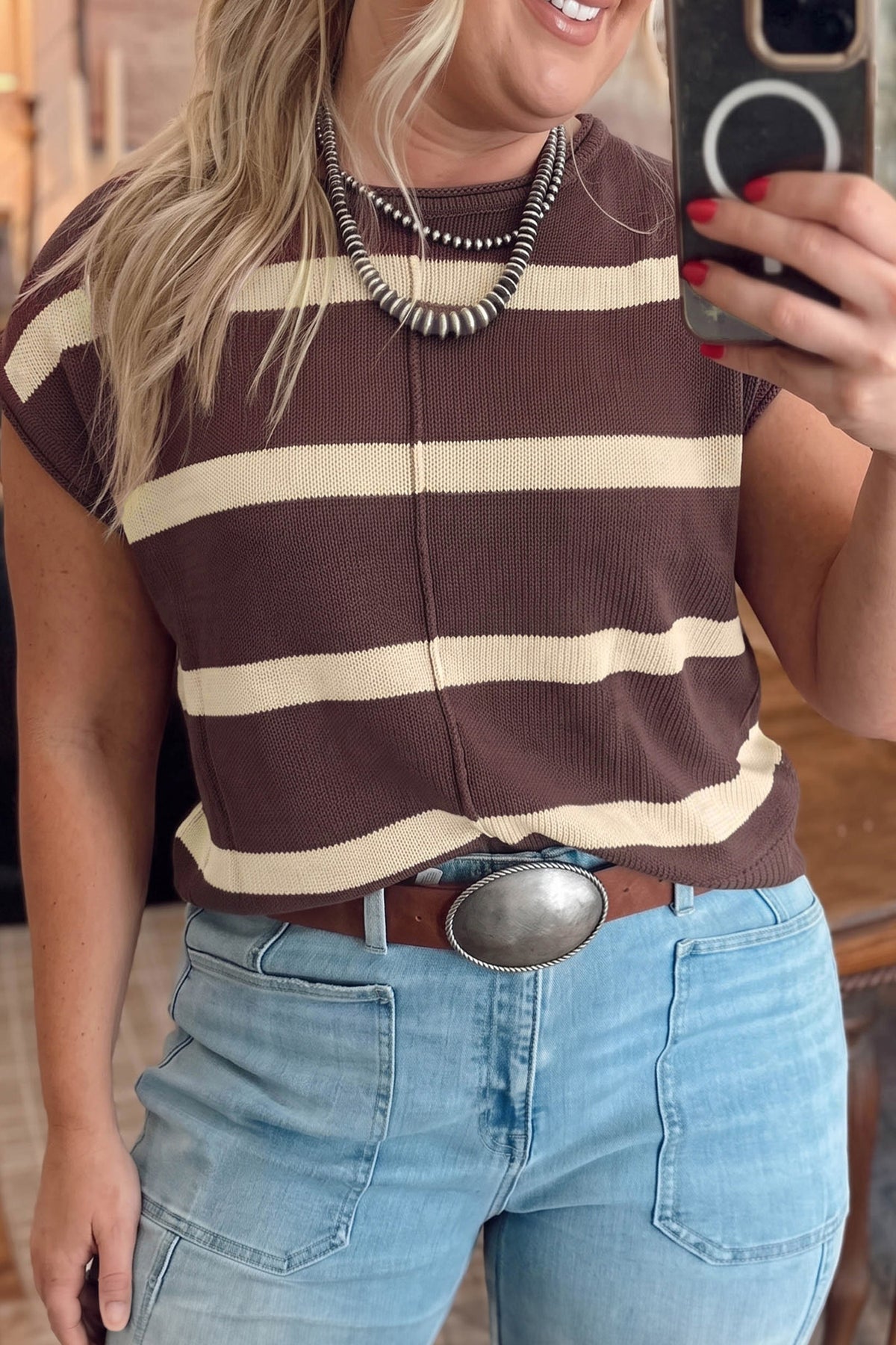 Plus size brown and colorblock knit sleeveless casual sweater with stripe design by Dear-Lover.