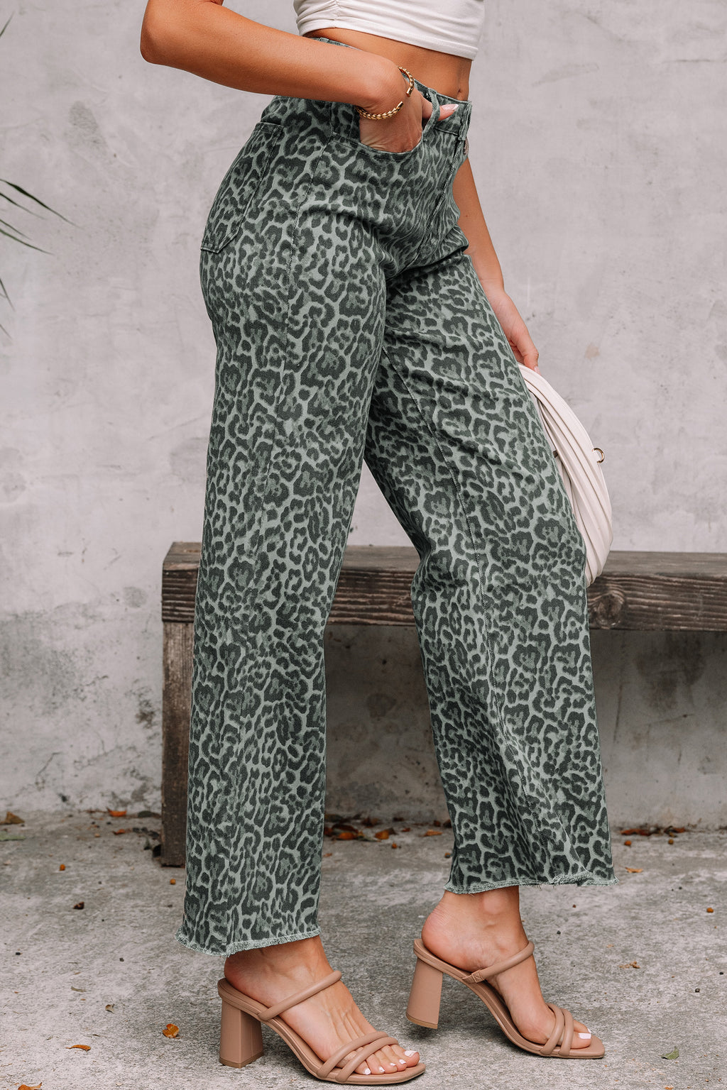 Leopard Frayed Wide-Leg Jeans