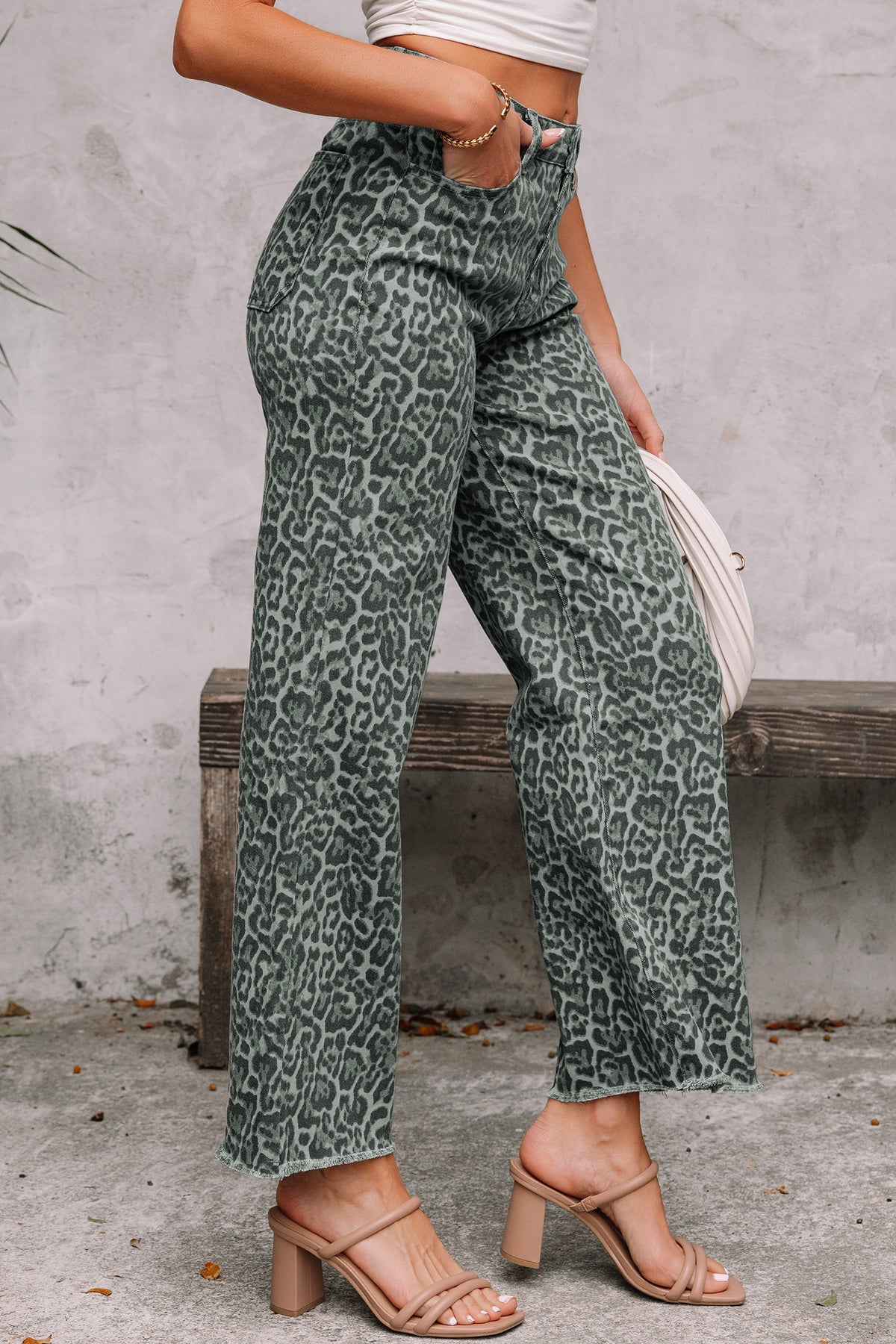 Leopard Frayed Wide-Leg Jeans