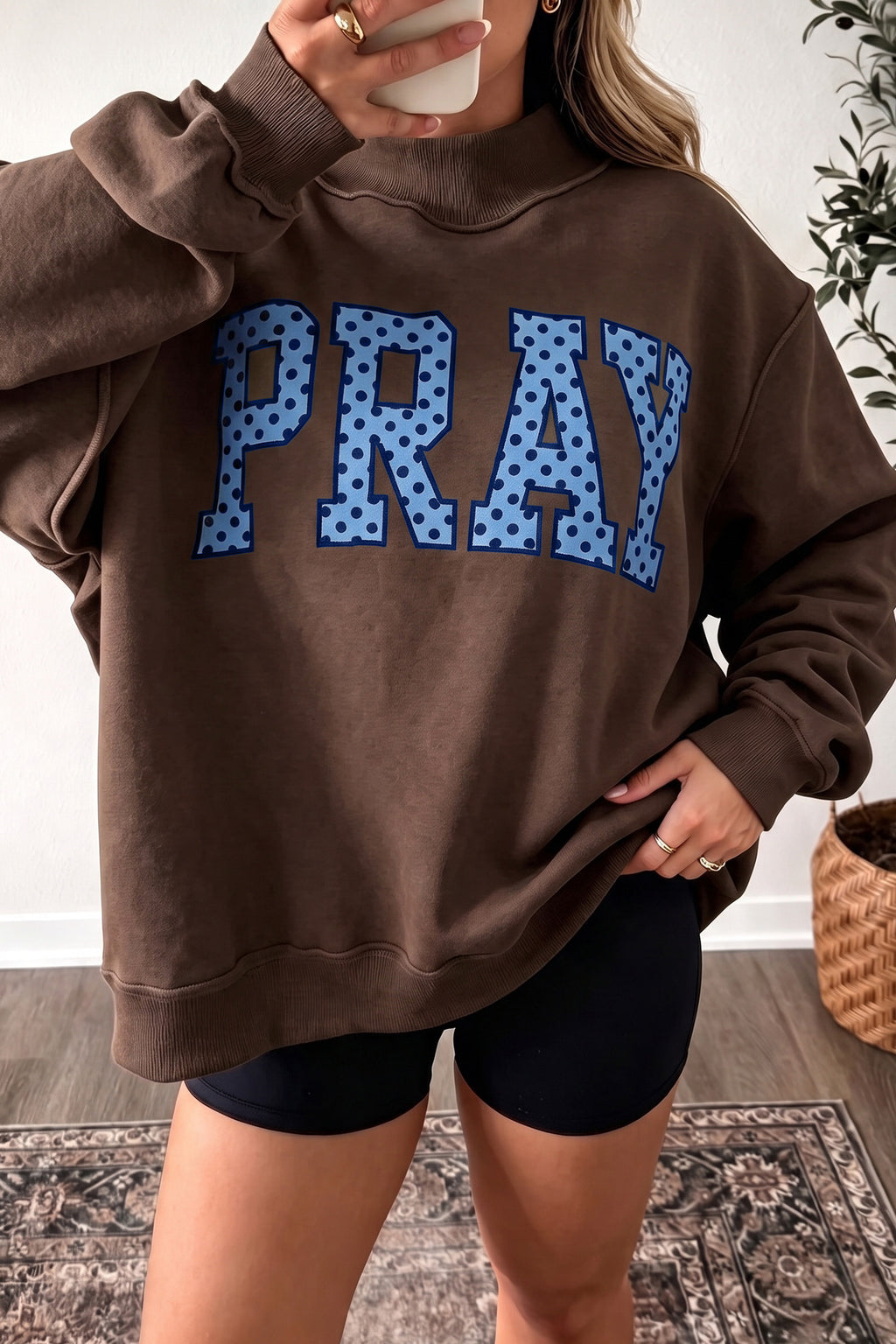 Dear-Lover Coffee PRAY polka dot embroidered mock neck sweatshirt, stylish casual top with polka dot design and embroidery detail.
