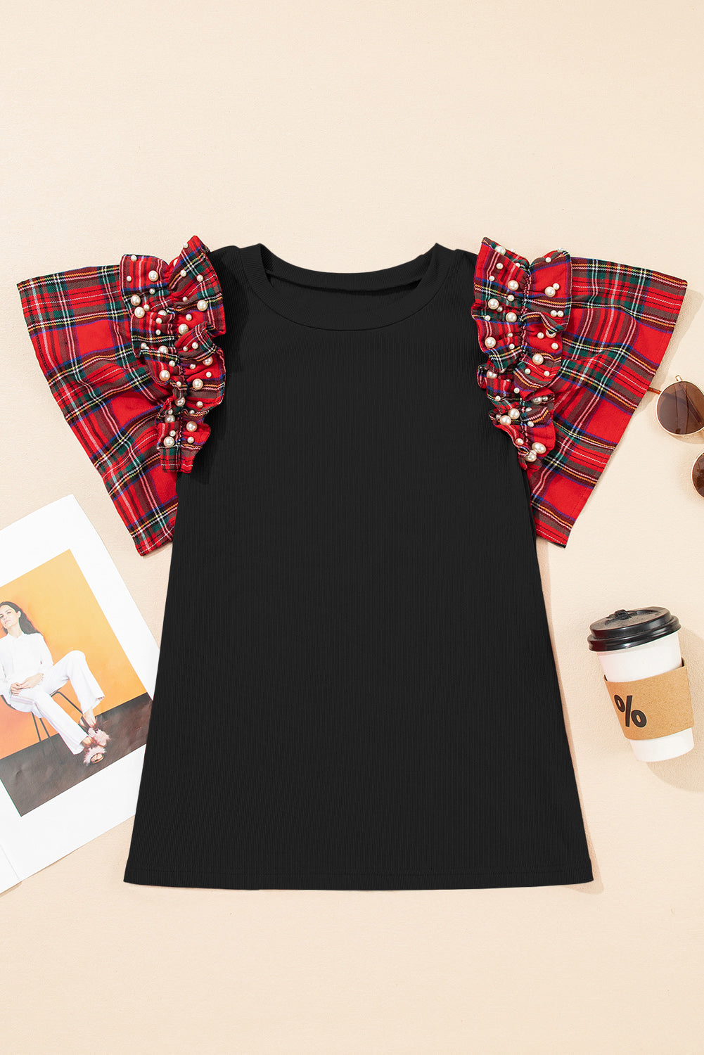 Plaid Pearl Ruffle Short Sleeve Shirt
