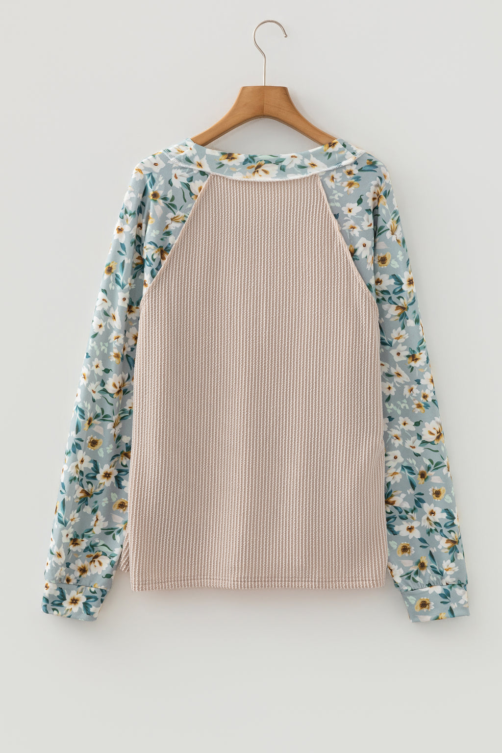 Parchment Twist Ribbed Floral Contrast Patchwork Long Sleeve Top