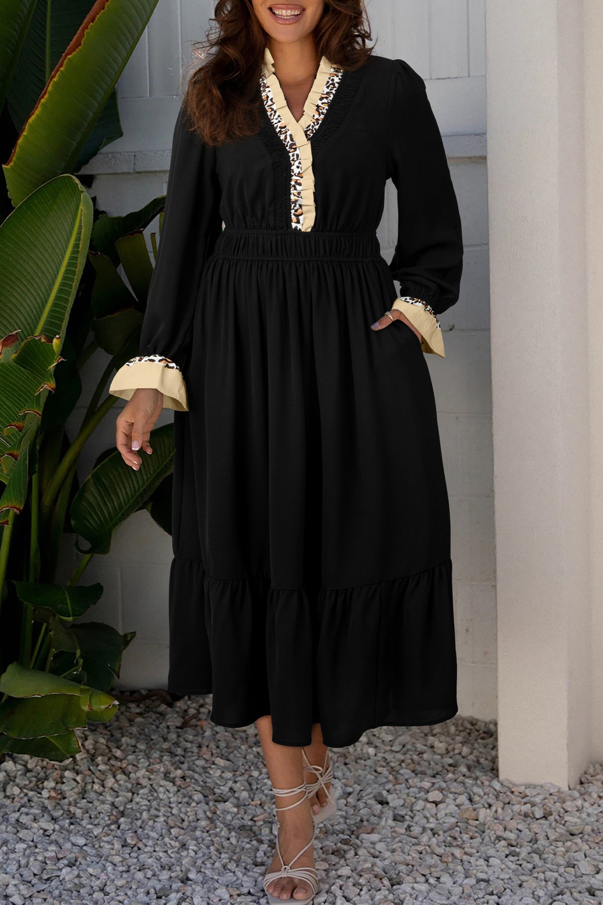 Black Leopard-Trim Midi Dress