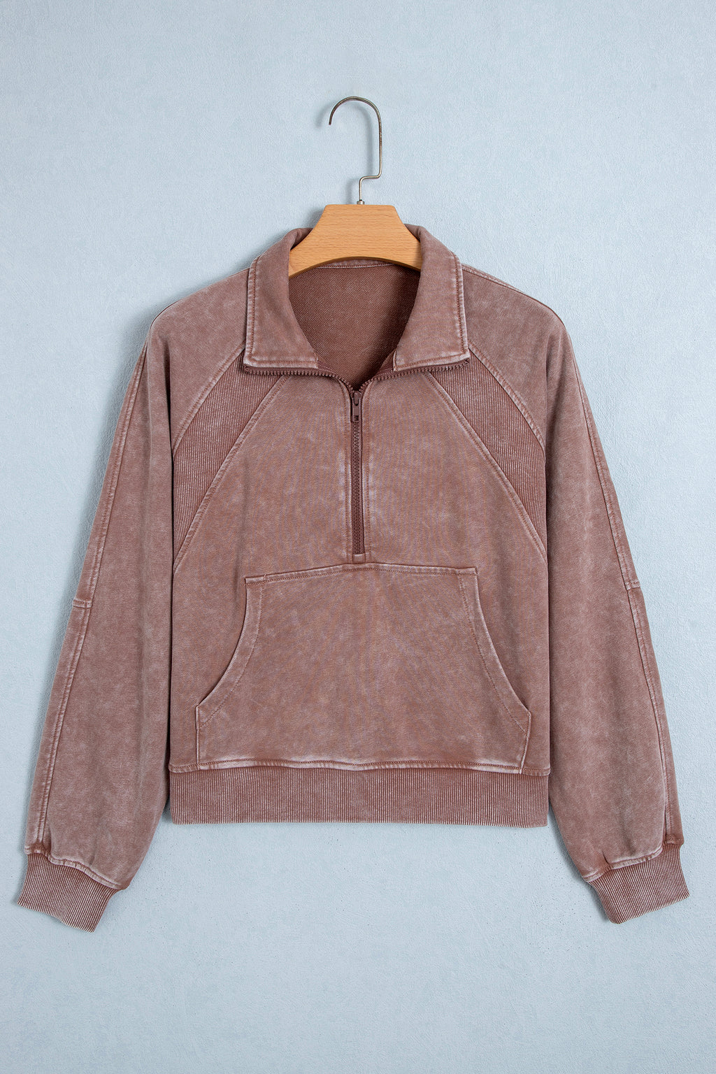 Chestnut Vintage Half-Zip Long-Sleeve Ribbed Cuffs Hem Sweatshirt