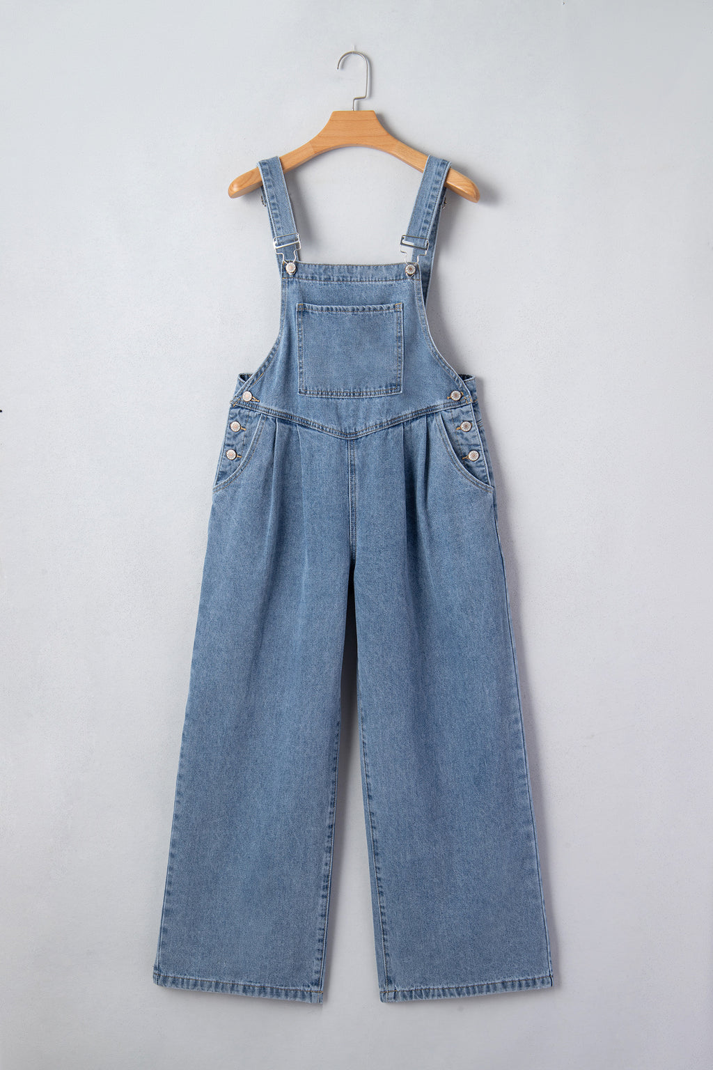 Dusk blue pleated wide-leg denim jumpsuit with retro style and front pockets, by Dear-Lover.