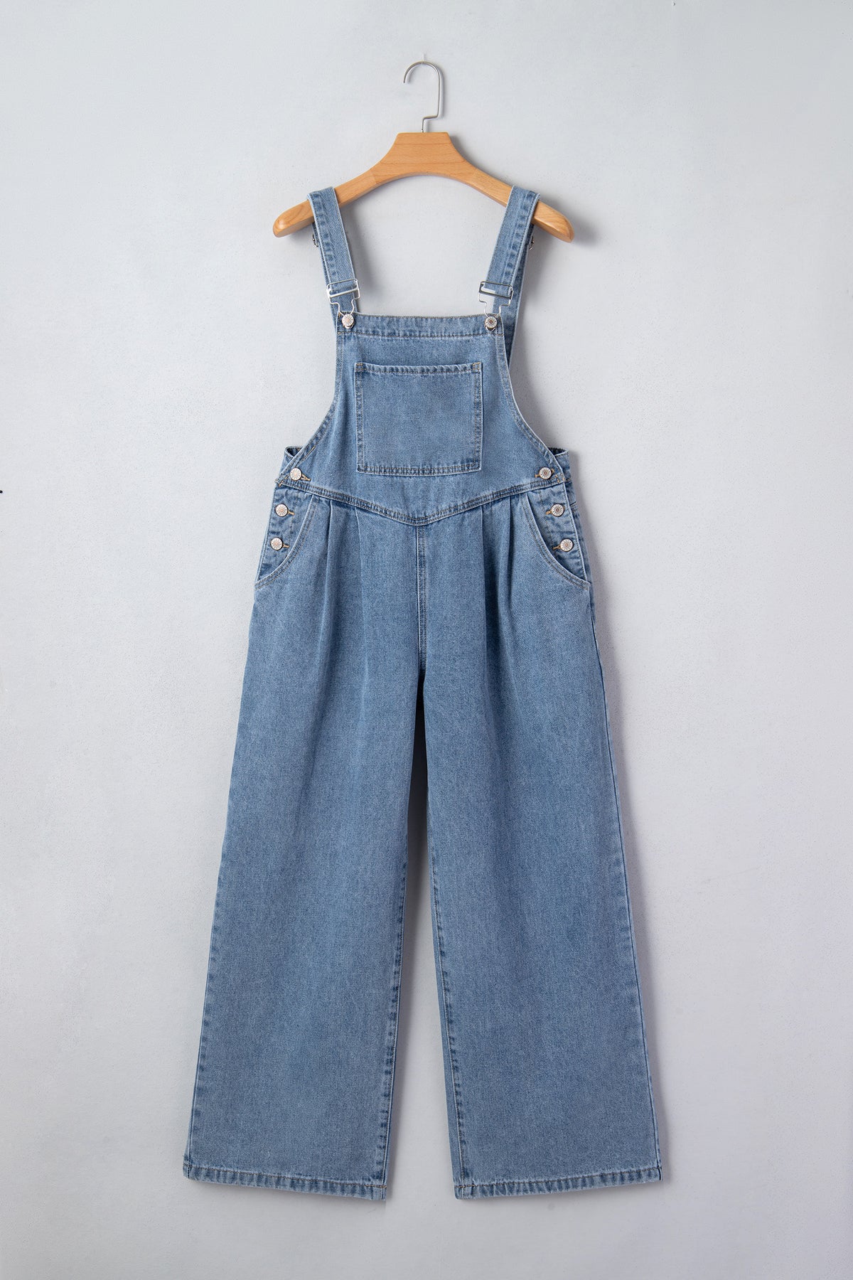 Dusk blue pleated wide-leg denim jumpsuit with retro style and front pockets, by Dear-Lover.