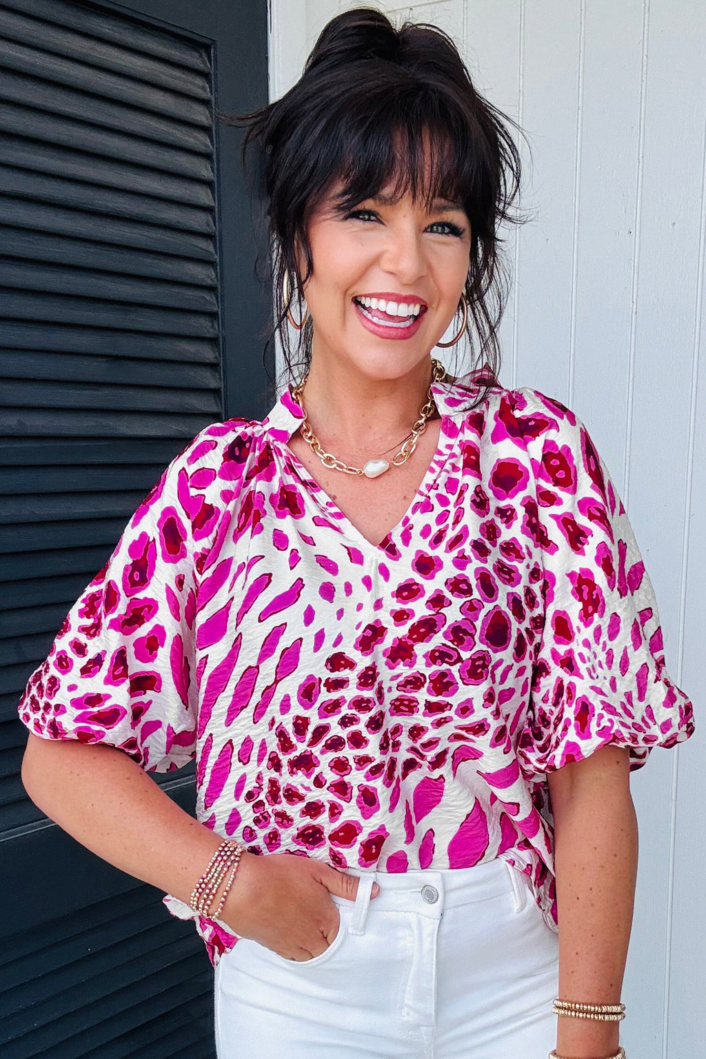 Rose Leopard Print V Neck Puffy Half Sleeve Blouse