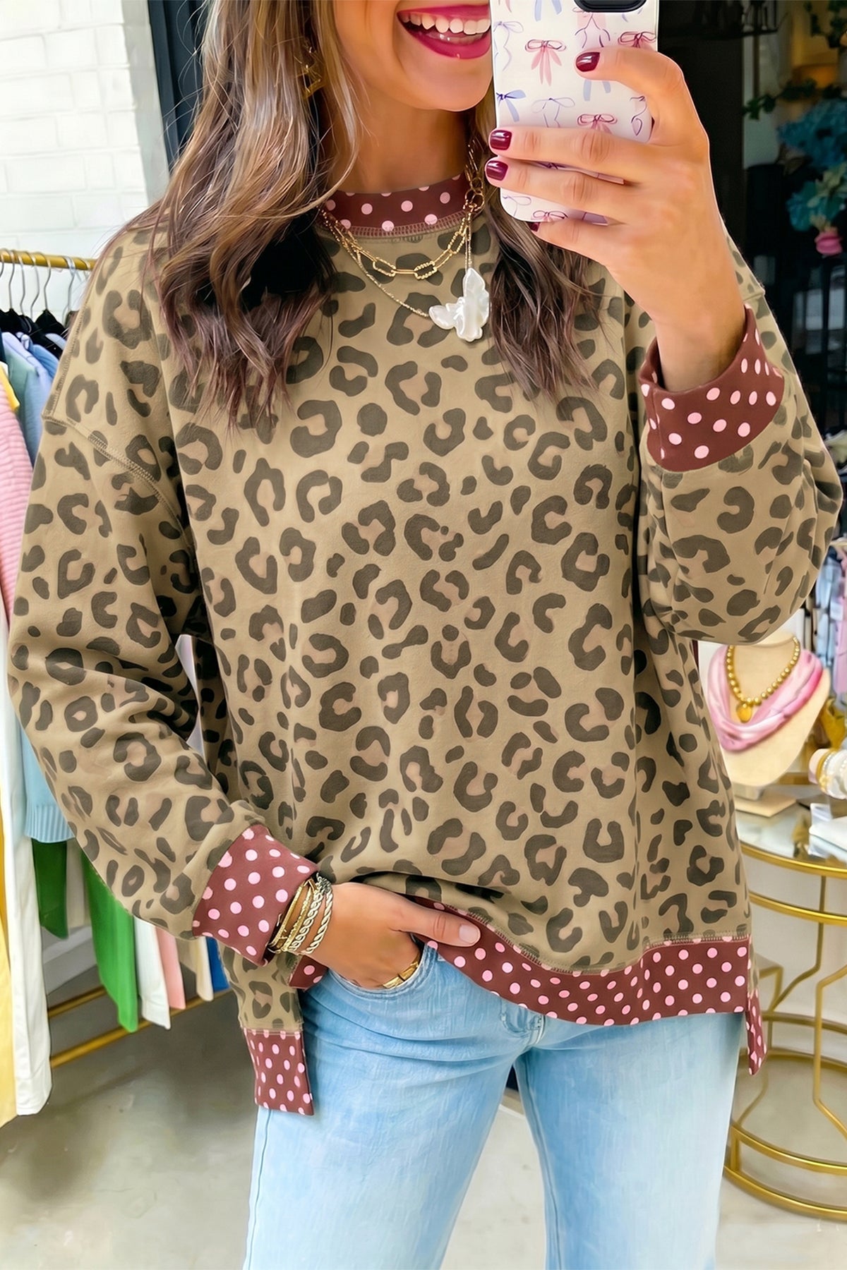 Leopard Polka Dot Colorblock Top