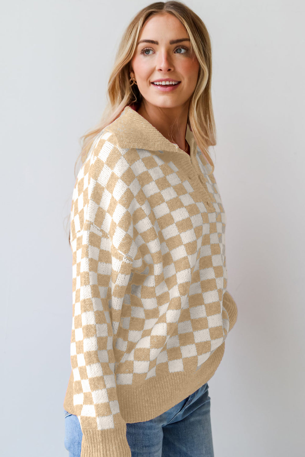 Apricot checkered buttons collar V-neck drop shoulder sweater by Dear-Lover, featuring a stylish casual design.