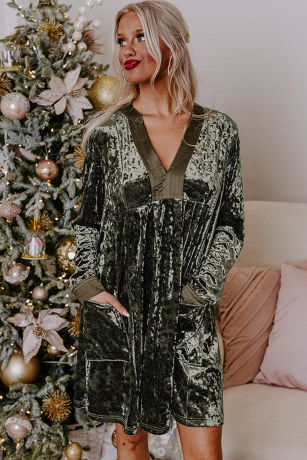 Jungle Green Velvet Dress with Pockets