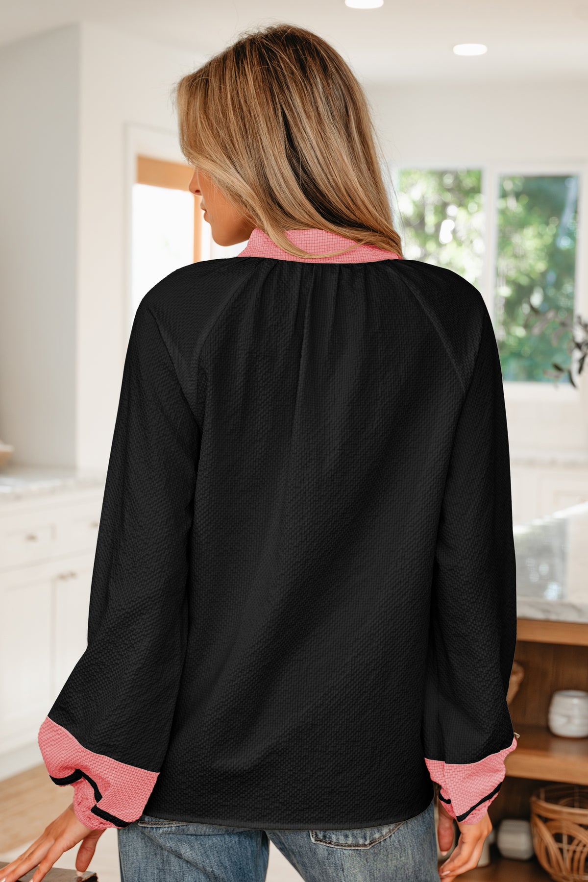 Jet Stream Color Block Patchwork Detail V Neck Textured Long Sleeve Blouse