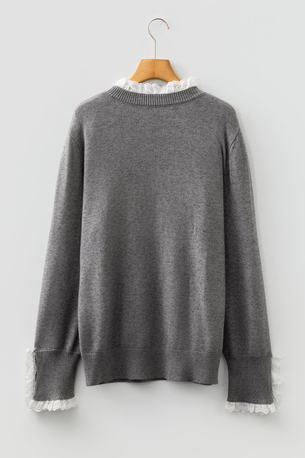 Laced Trim Loose Sweater with Buttoned Cuffs