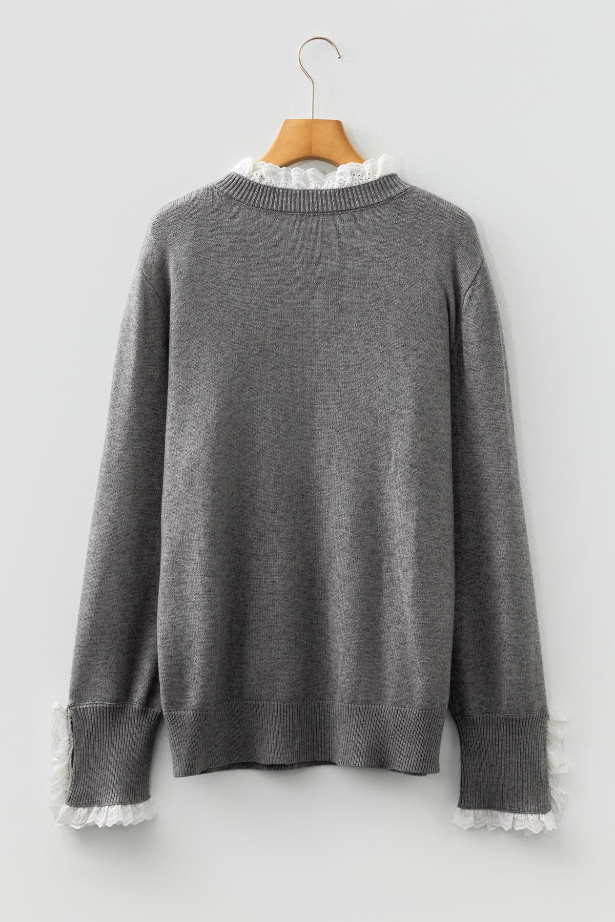 Laced Trim Loose Sweater with Buttoned Cuffs