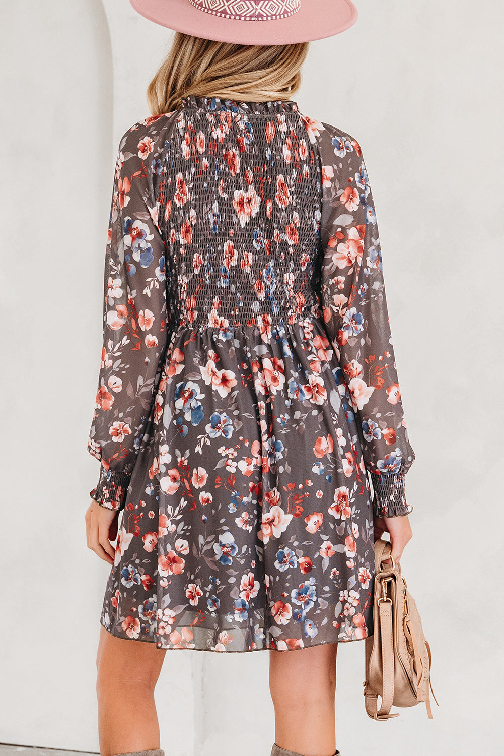 Brown Smocked Floral Mesh Mini Dress