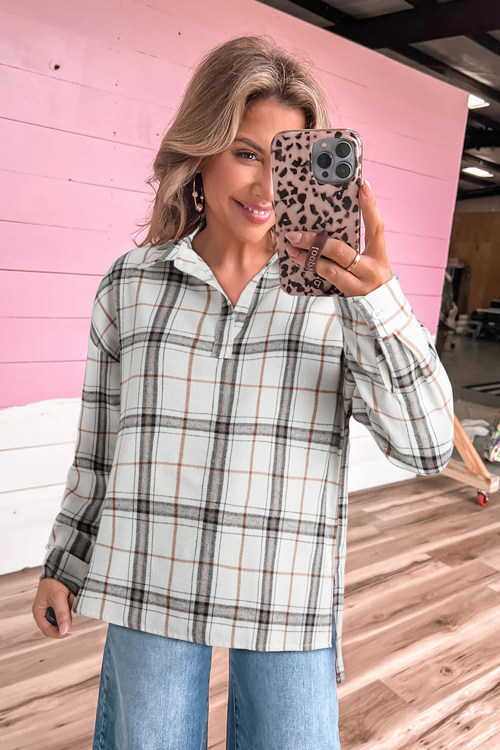 Red Plaid Collared Blouse