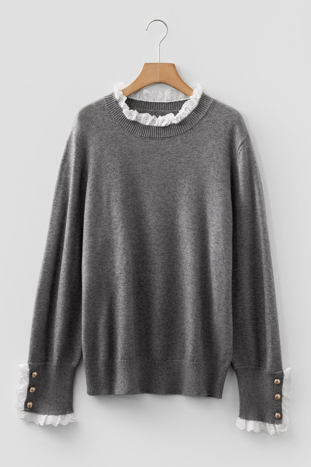 Laced Trim Loose Sweater with Buttoned Cuffs