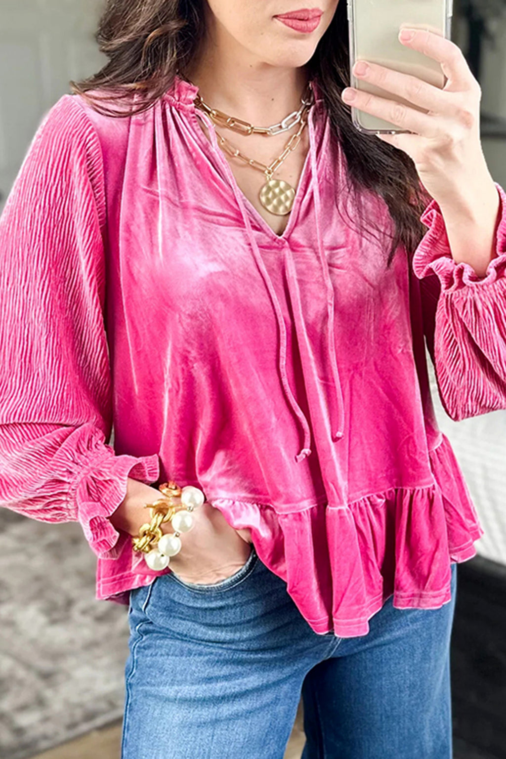 Strawberry Pink V-Neck Velvet Ruffled Cuffs Hem Long-Sleeve Top