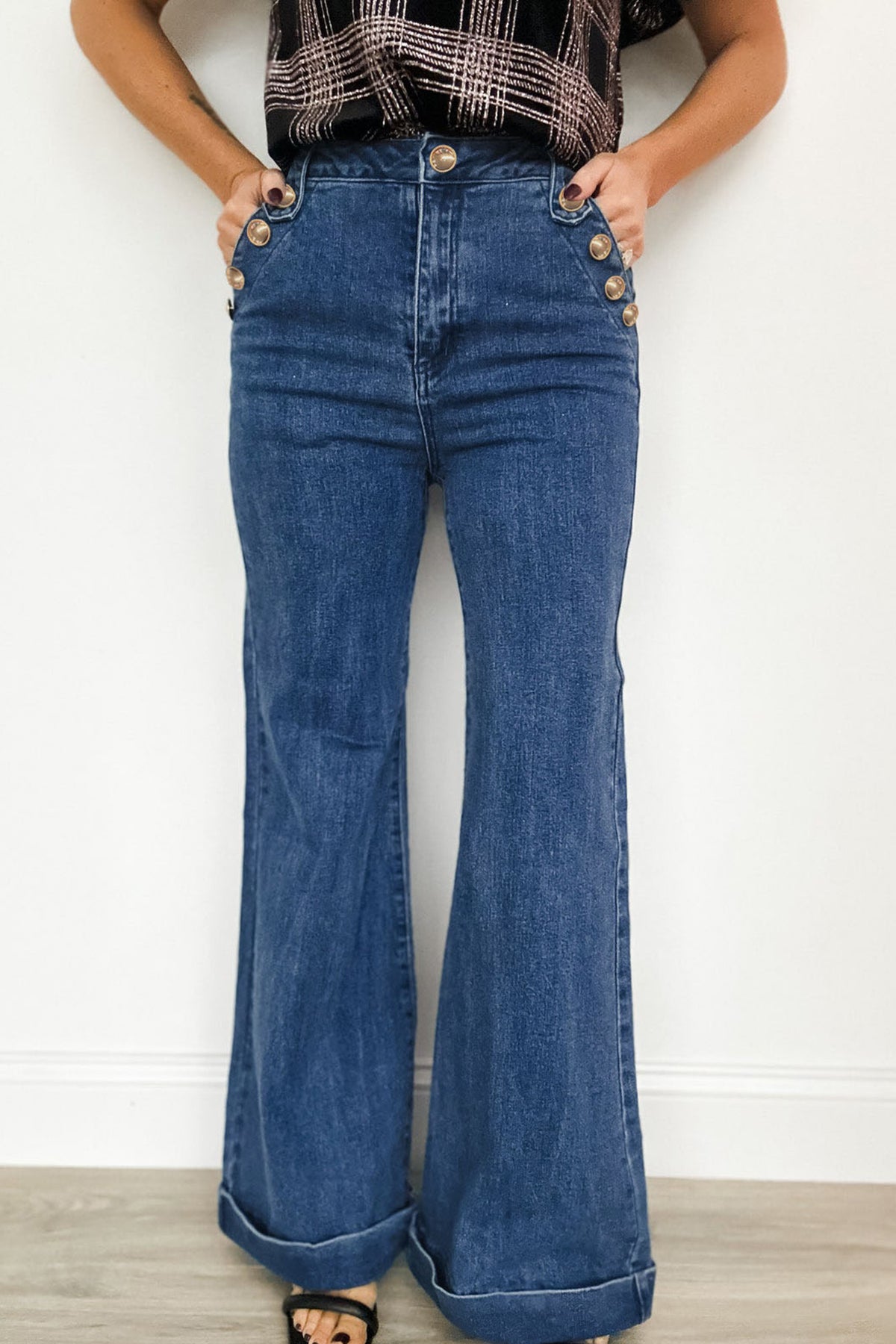 Ashleigh blue flare leg jeans with golden button details and rolled edges, stylish denim bottoms by Dear-Lover.