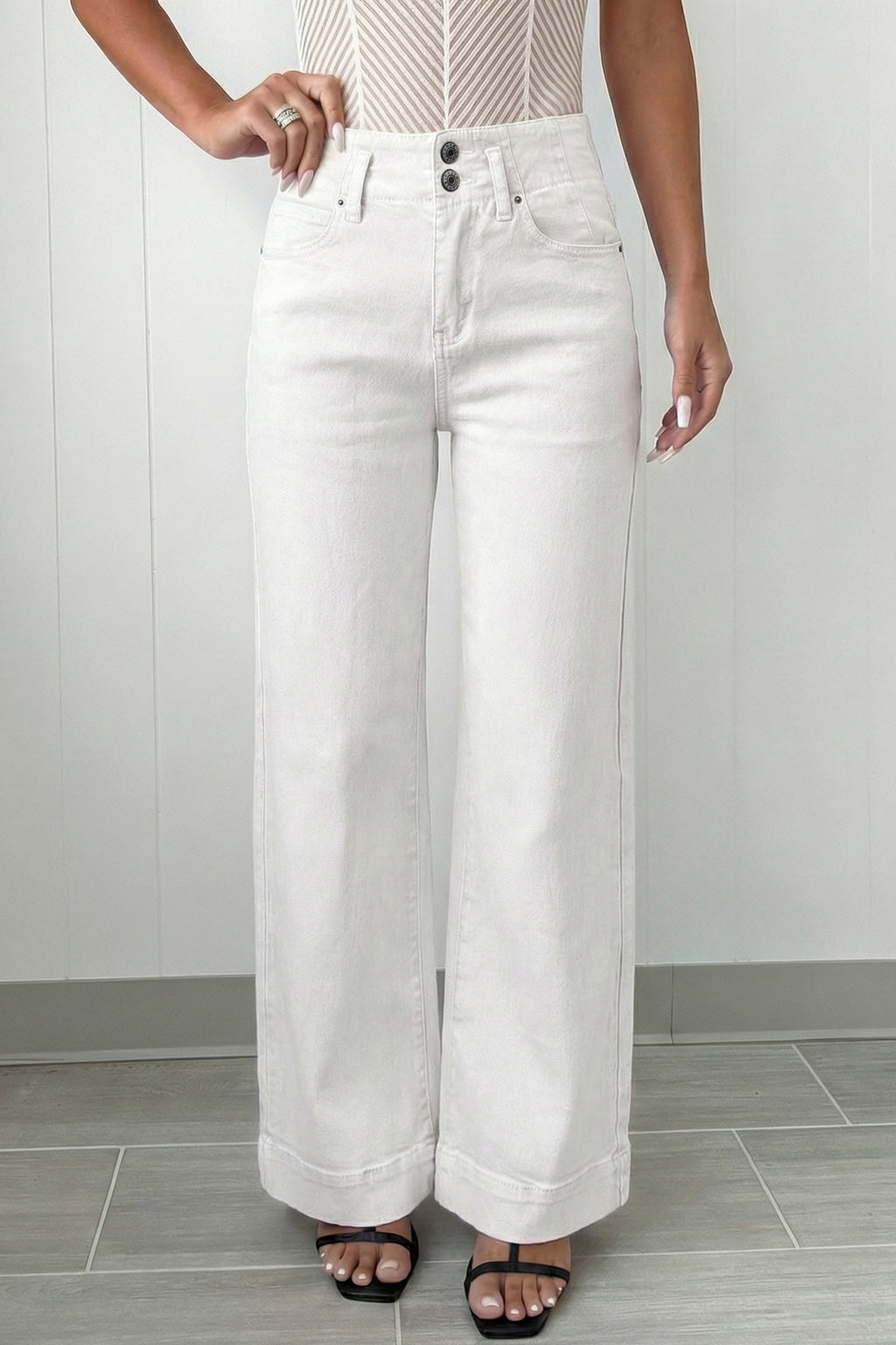 Mist Green high waist wide leg jeans with 2-button closure from Dear-Lover, showcasing their stylish fit and relaxed silhouette.