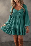Mist Green Tiered Puff-Sleeve Mini Dress