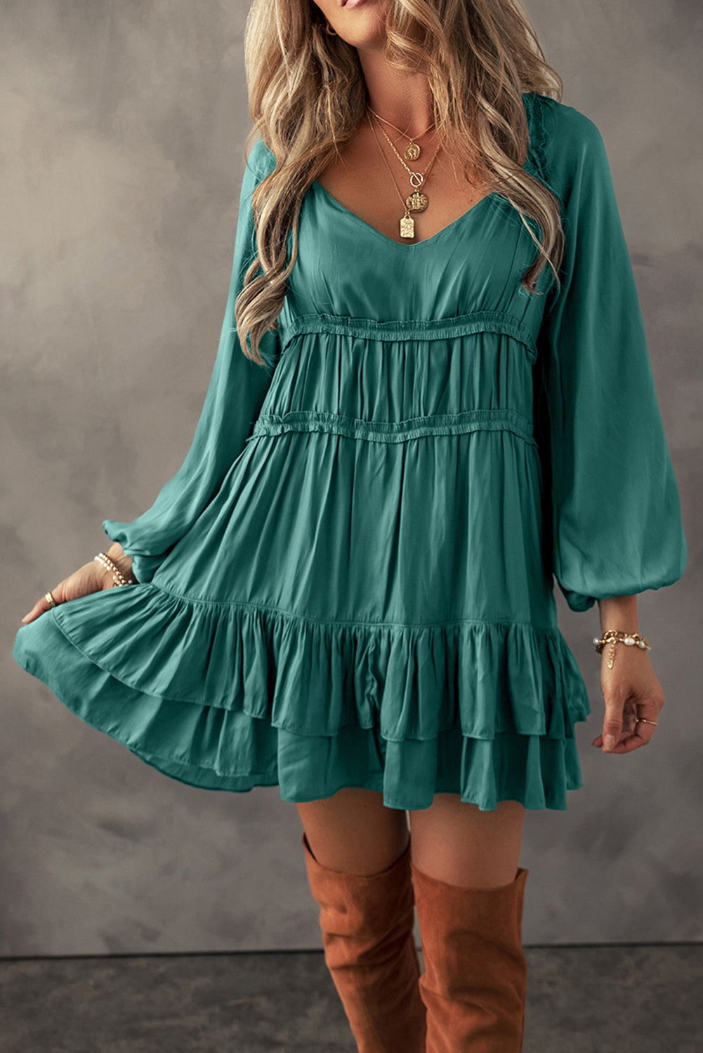 Mist Green Tiered Puff-Sleeve Mini Dress