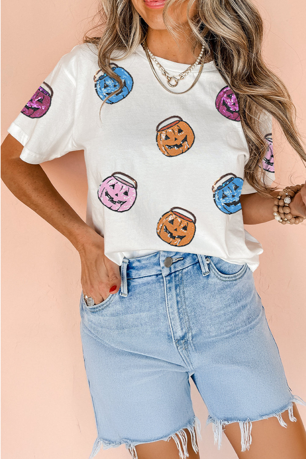 White Sequin Pumpkin Face Patched Crew Neck Holiday T Shirt