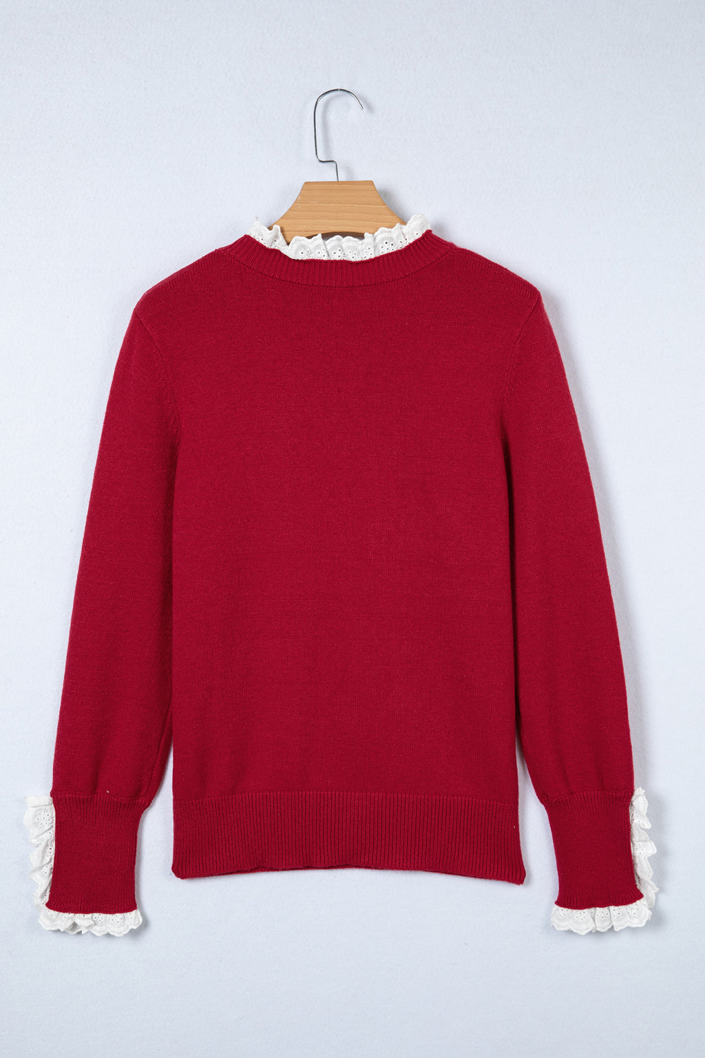 Laced Trim Loose Sweater with Buttoned Cuffs