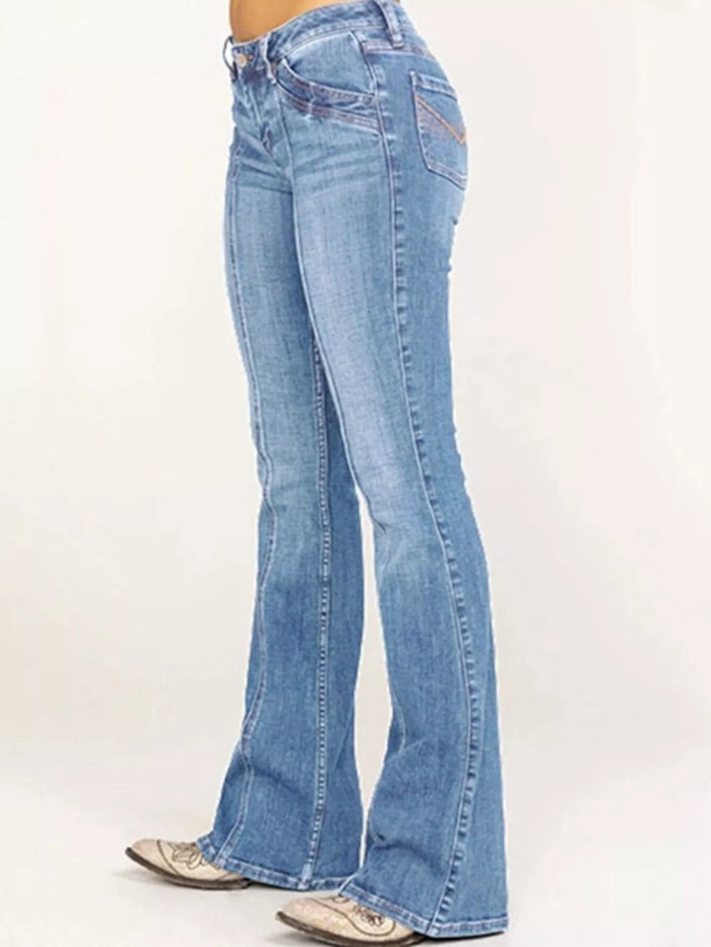 Mid-rise bootcut jeans by Trendsi featuring classic denim with a fitted waist and flared leg style.