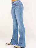 Mid-rise bootcut jeans by Trendsi featuring classic denim with a fitted waist and flared leg style.