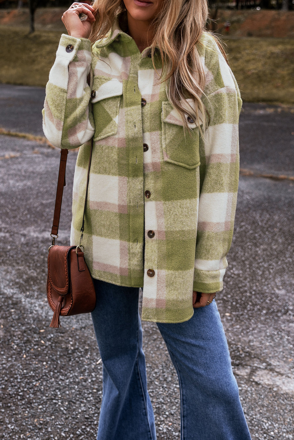 Sage green plaid print baggy shacket with buttoned flap pockets, casual style, from Dear-Lover.