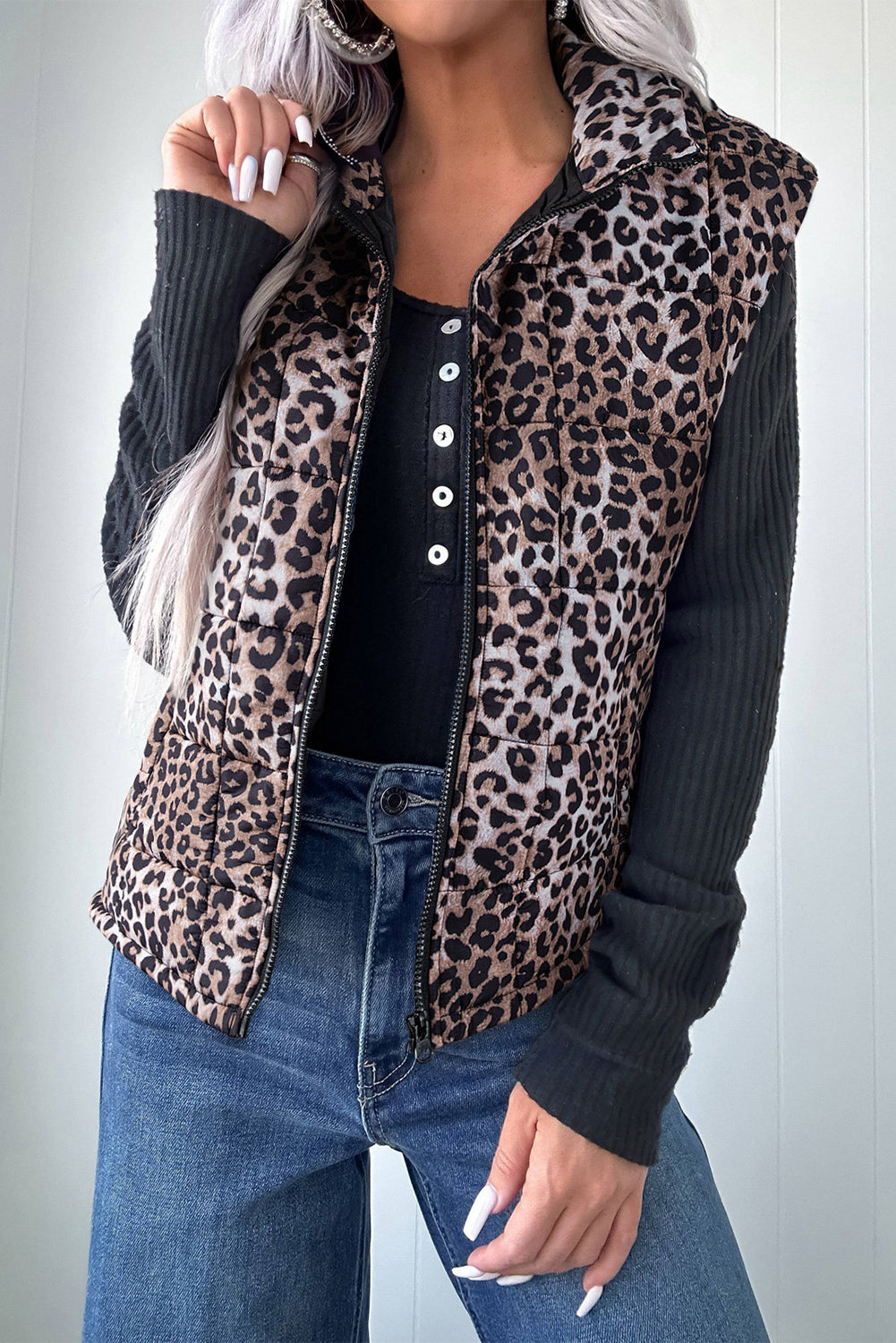 Brown Leopard Print Puff Vest