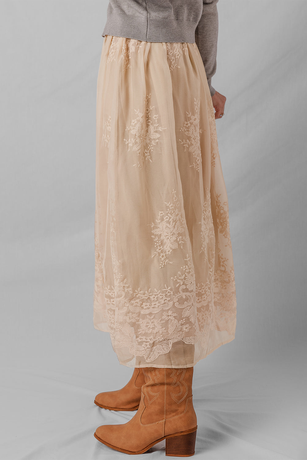 Oatmeal embroidered mesh overlay flowy long skirt from Dear-Lover, featuring intricate embroidery and lightweight, airy fabric.