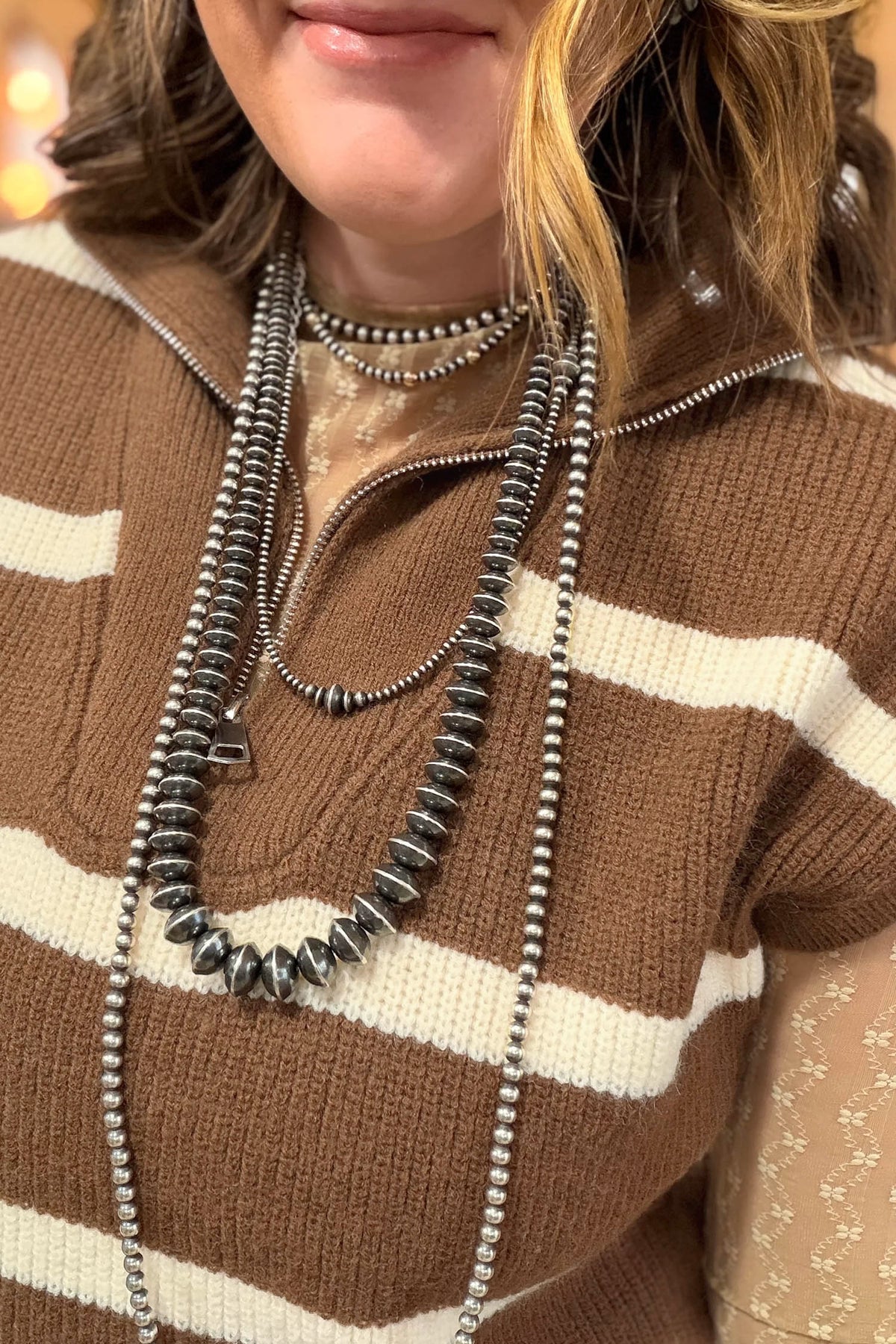 Plus size brown and cream stripe colorblock V-neck tunic sweater with drop shoulder design by Dear-Lover.