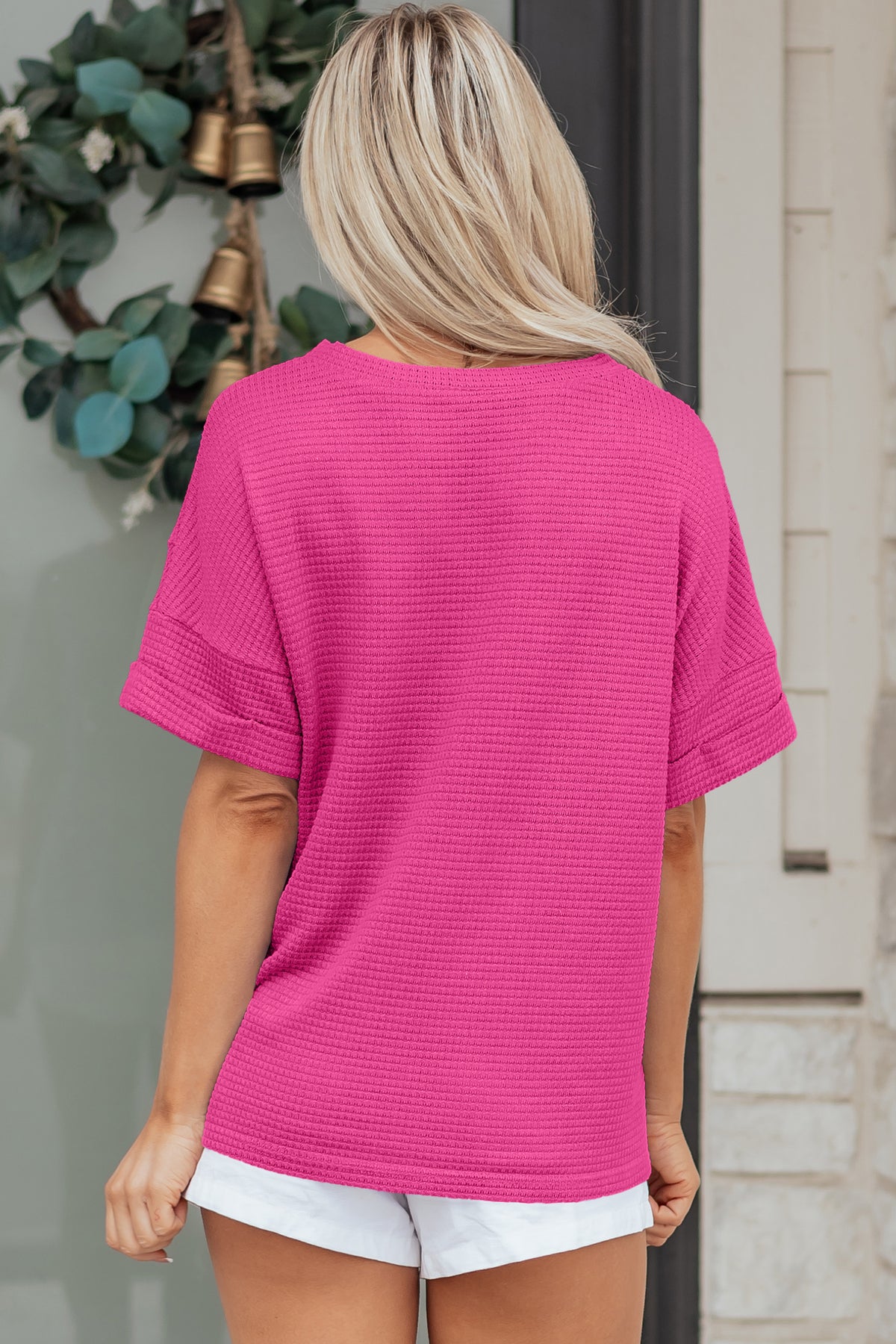 Strawberry Pink Waffle V Neck Short Sleeve Knit Top