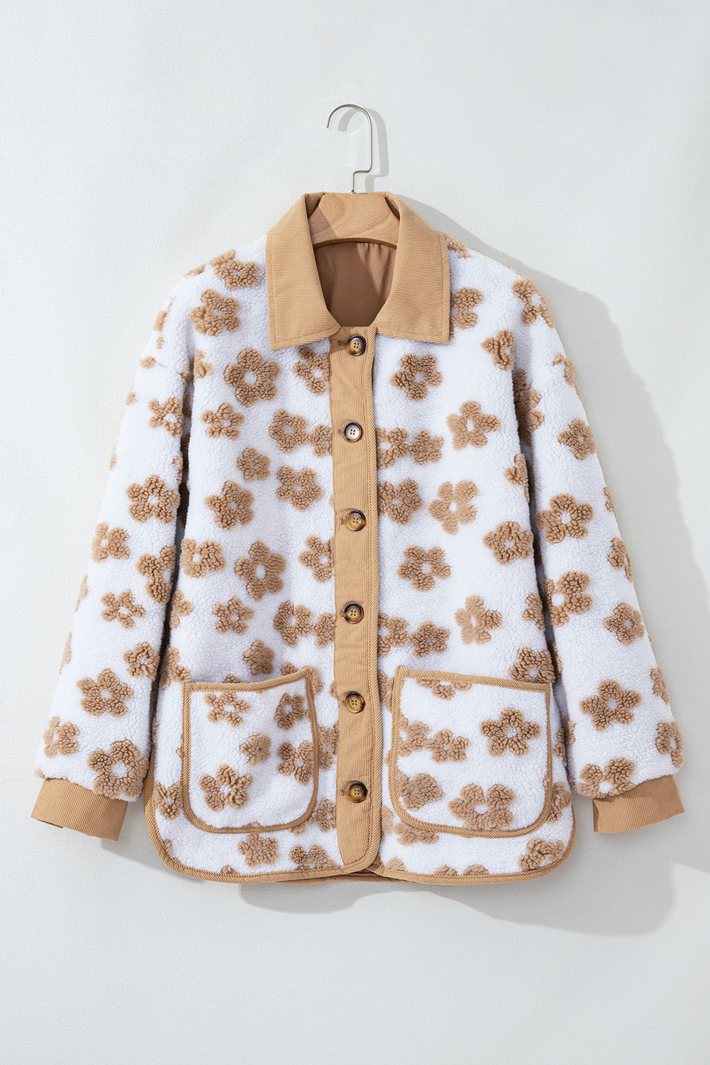 French Beige Flower Button-Up Fleece Jacket