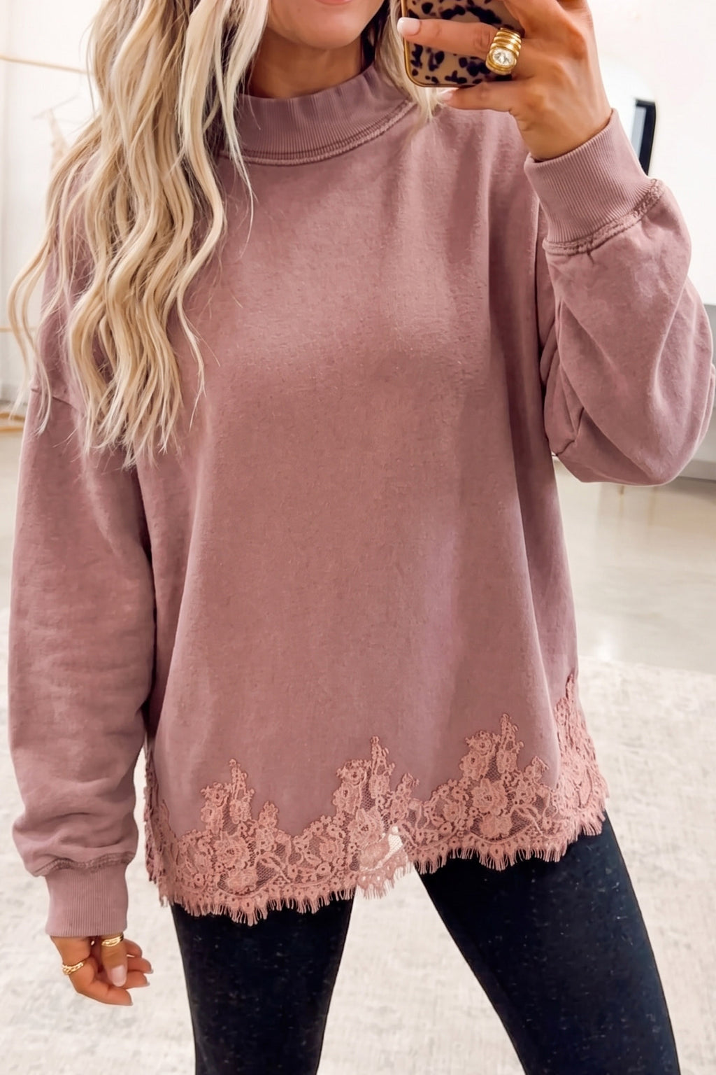 Fushia Lace-Hem Mock-Neck Sweatshirt